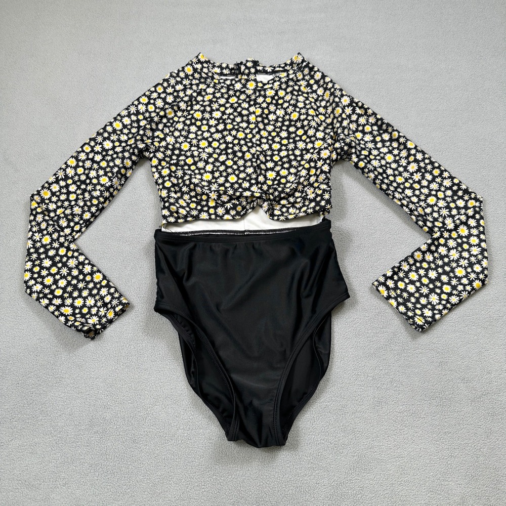 Art Class Girls Swimsuit L 10/12 Daisy Rash Guard Set Black High Waist Bikini